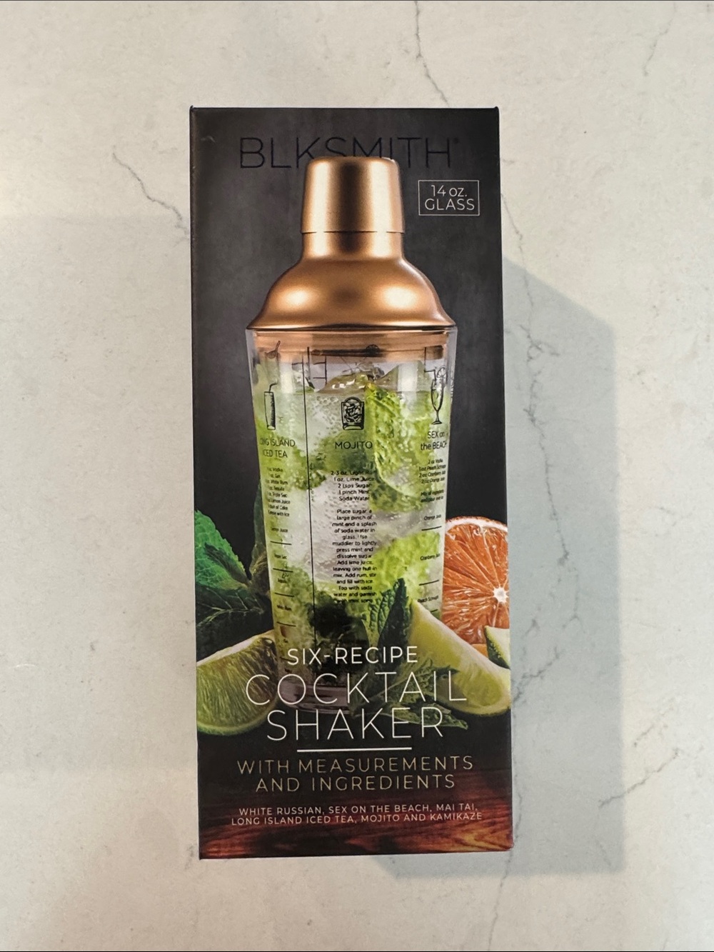 BLKSMITH Six-Recipe Cocktail Shaker - Copper Top, Glass